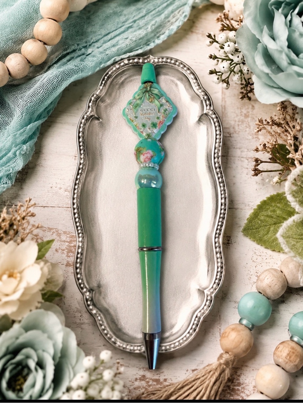 Inspired Aqua Floral Resin Ballpoint Pen